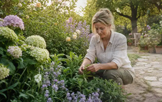 Person pflegt üppige Pflanzen in einem natürlich beleuchteten Garten; Thema Zimmerpflanzen, Schwerpunkt Standort; Ausgangslage.