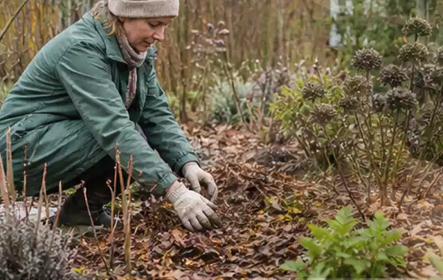 Person verteilt eine schützende Mulchschicht zwischen winterlichen Stauden; Thema Zimmerpflanzen, Schwerpunkt Vermehrung; Umsetzung.