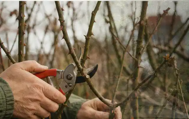 Hände schneiden einen älteren Rosenstrauch mit einer sauberen Gartenschere; Thema Zimmerpflanzen, Schwerpunkt Vermehrung; Kontrolle.