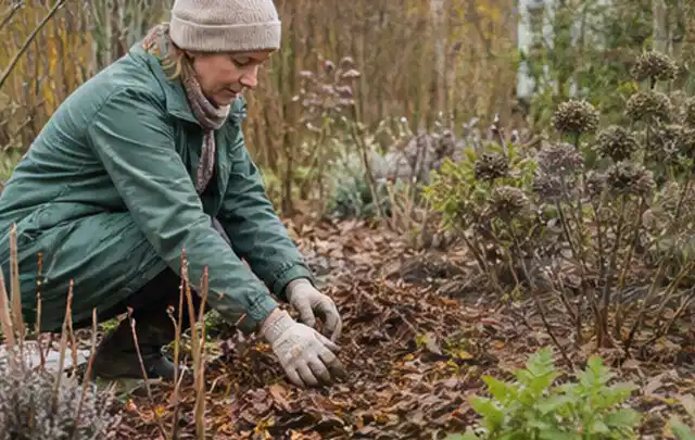 Person verteilt eine schützende Mulchschicht zwischen winterlichen Stauden; Thema Zimmerpflanzen, Schwerpunkt Winterpflege; Praxisalltag.