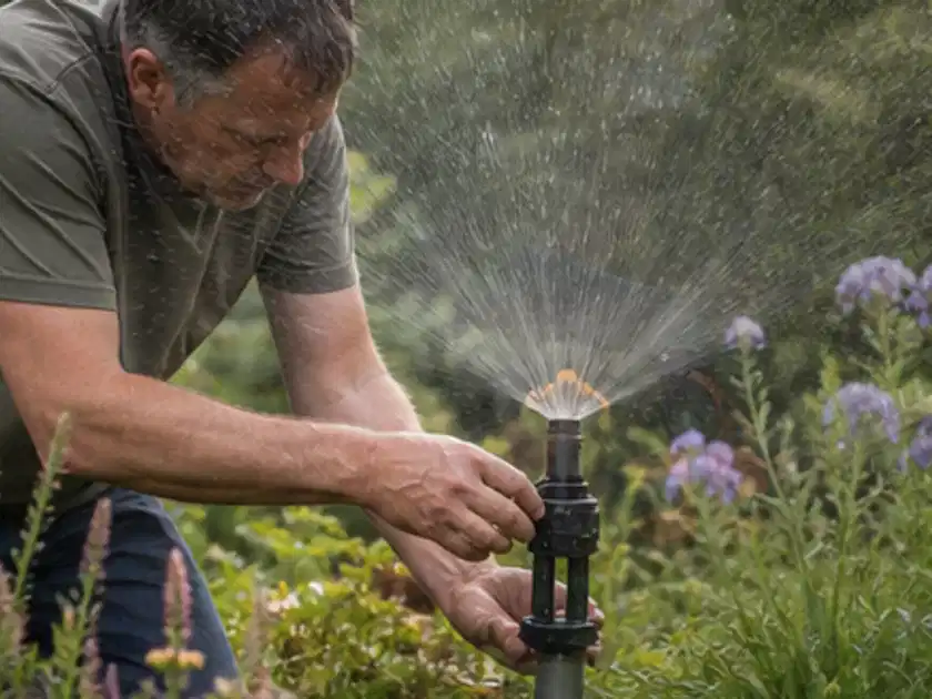 Person richtet einen laufenden Gartensprenger zwischen Stauden präzise aus; Thema Zisternen, Schwerpunkt Dimensionierung; Titelbild.