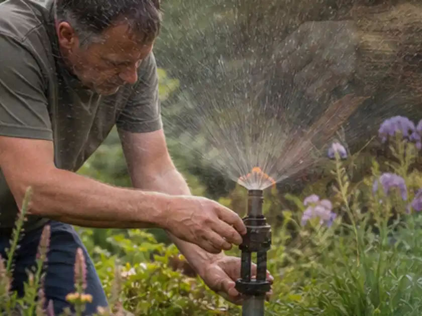 Person richtet einen laufenden Gartensprenger zwischen Stauden präzise aus; Thema Zisternen, Schwerpunkt Ersatzteile; Titelbild.