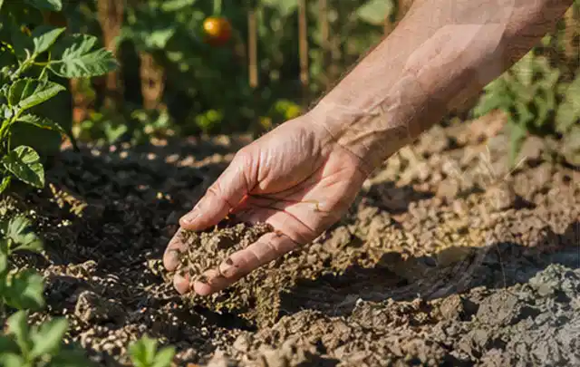 Hand prüft trockene krümelige Gartenerde während einer warmen Sommerphase; Thema Zisternen, Schwerpunkt Ersatzteile; Ausgangslage.
