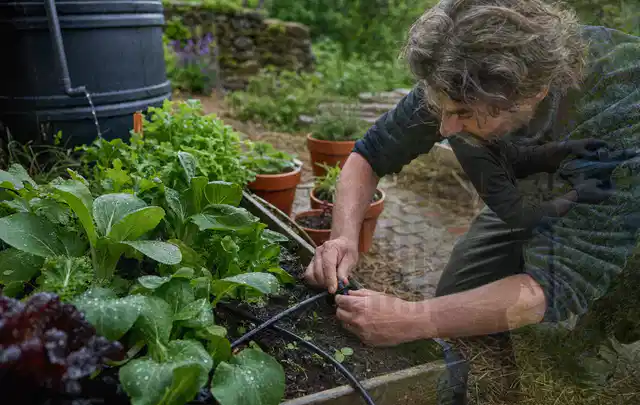 Person stellt die Bewässerung an einem bepflanzten Hochbeet ein; Thema Zisternen, Schwerpunkt Gärten mit großer Fläche; Ausgangslage.