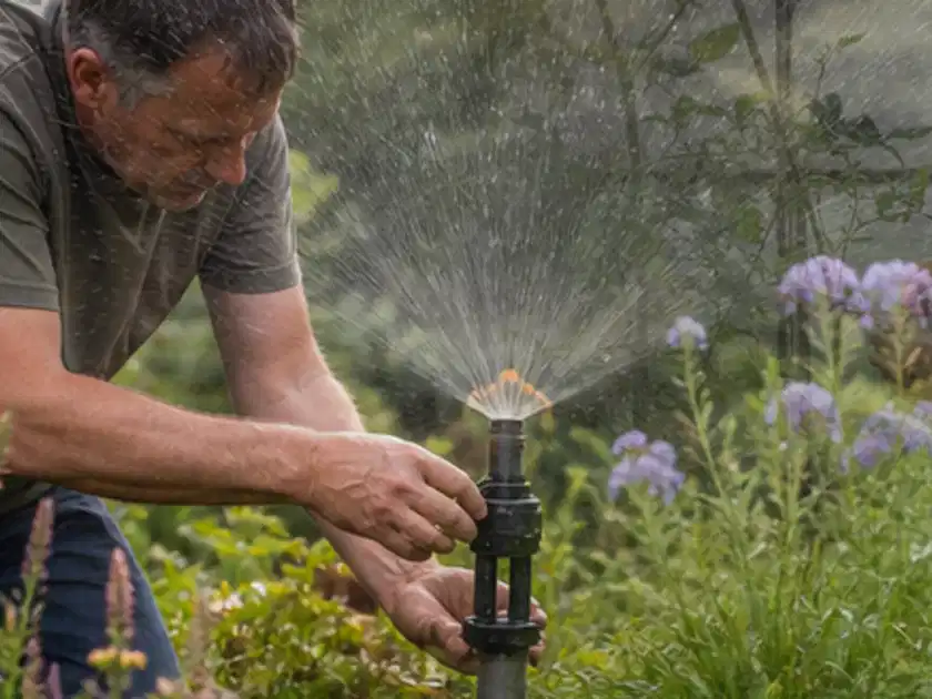 Person richtet einen laufenden Gartensprenger zwischen Stauden präzise aus; Thema Zisternen, Schwerpunkt Reinigung; Titelbild.