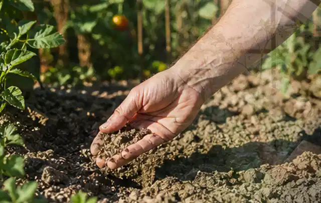 Hand prüft trockene krümelige Gartenerde während einer warmen Sommerphase; Thema Zisternen, Schwerpunkt Reinigung; Ausgangslage.