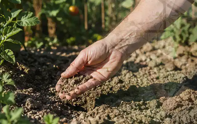 Hand prüft trockene krümelige Gartenerde während einer warmen Sommerphase; Thema Zisternen, Schwerpunkt Reparatur; Umsetzung.