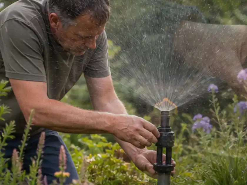 Person richtet einen laufenden Gartensprenger zwischen Stauden präzise aus; Thema Zisternen, Schwerpunkt Testkriterien; Titelbild.
