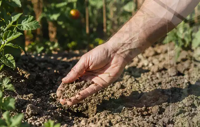 Hand prüft trockene krümelige Gartenerde während einer warmen Sommerphase; Thema Zisternen, Schwerpunkt Testkriterien; Ergebnis.