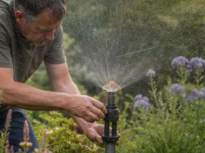 Person richtet einen laufenden Gartensprenger zwischen Stauden präzise aus; Thema Zisternen, Schwerpunkt Vergleich; Titelbild.