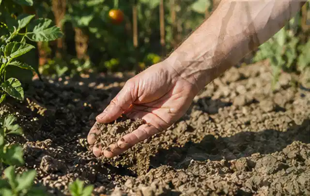 Hand prüft trockene krümelige Gartenerde während einer warmen Sommerphase; Thema Zisternen, Schwerpunkt Vergleich; Praxisalltag.