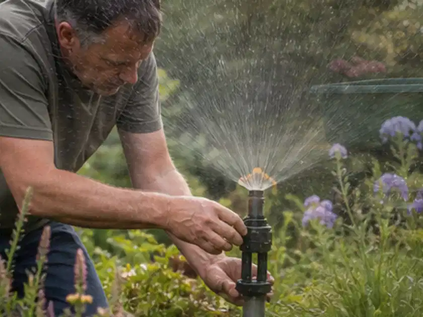 Person richtet einen laufenden Gartensprenger zwischen Stauden präzise aus; Thema Zisternen, Schwerpunkt Wartung; Titelbild.