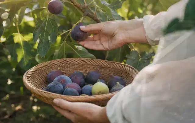 Hand pflückt eine reife Feige über einem flachen Korb mit Früchten; Thema Zitronenmelisse, Schwerpunkt Anbau; Kontrolle.