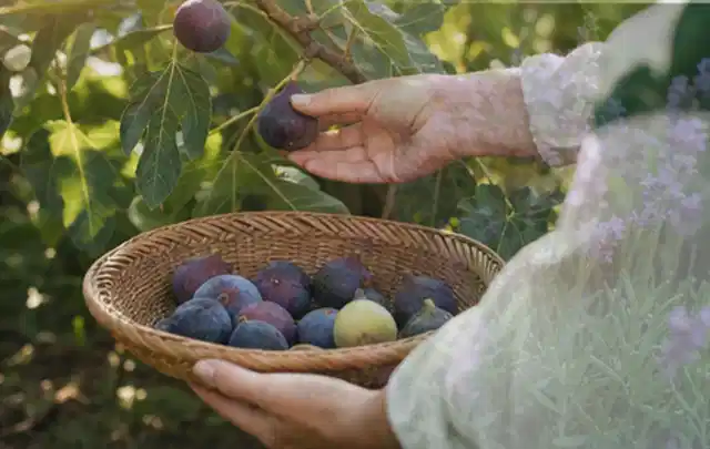 Hand pflückt eine reife Feige über einem flachen Korb mit Früchten; Thema Zitronenmelisse, Schwerpunkt Boden; Kontrolle.