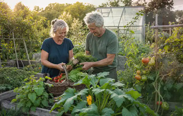 Zwei Personen ernten gemeinsam Gemüse in einem sonnigen Nutzgarten; Thema Zitronenmelisse, Schwerpunkt Einsteigerwissen; Ergebnis.