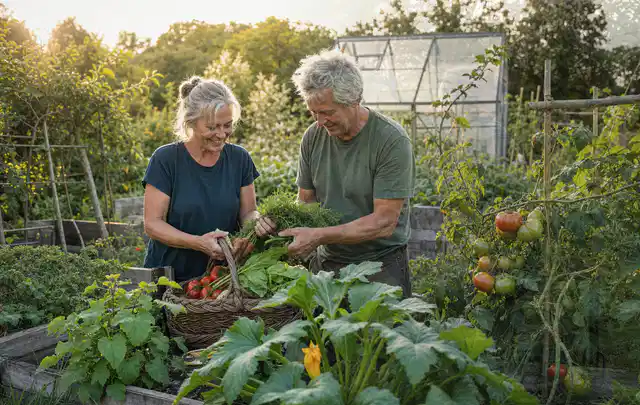 Zwei Personen ernten gemeinsam Gemüse in einem sonnigen Nutzgarten; Thema Zitronenmelisse, Schwerpunkt Gesundheit; Umsetzung.