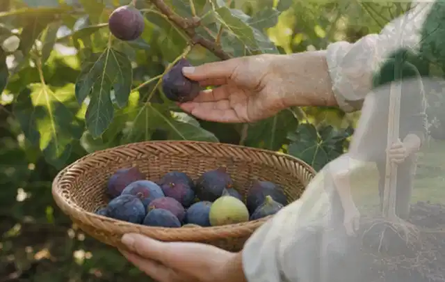 Hand pflückt eine reife Feige über einem flachen Korb mit Früchten; Thema Zitronenmelisse, Schwerpunkt Saisonkalender; Ausgangslage.