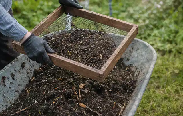 Behandschuhte Hände sieben reifen Kompost über einer Gartenschubkarre; Thema Zitronenmelisse, Schwerpunkt Sortenwahl; Ergebnis.