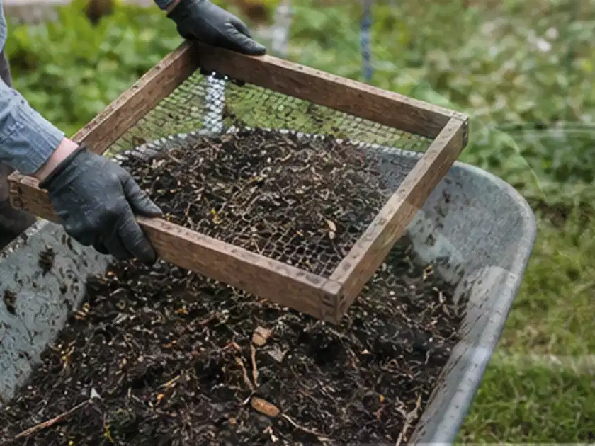 Behandschuhte Hände sieben reifen Kompost über einer Gartenschubkarre; Thema Zucchini, Schwerpunkt Anbau; Titelbild.