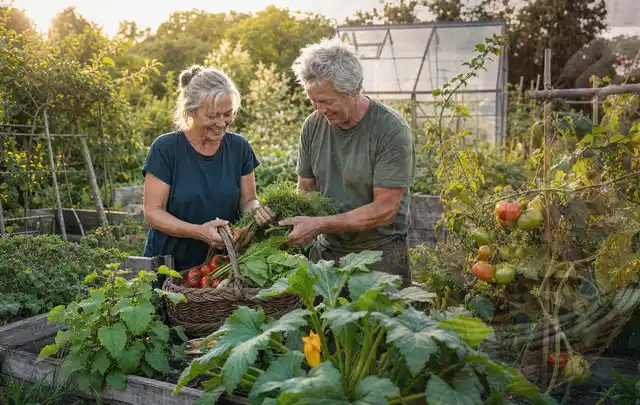 Zwei Personen ernten gemeinsam Gemüse in einem sonnigen Nutzgarten; Thema Zucchini, Schwerpunkt Anbau; Praxisalltag.