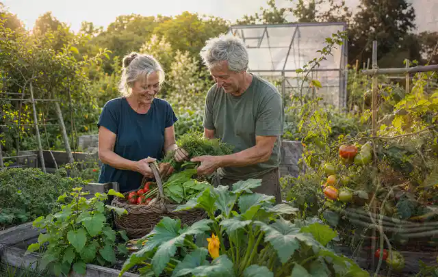Zwei Personen ernten gemeinsam Gemüse in einem sonnigen Nutzgarten; Thema Zucchini, Schwerpunkt Aussaat; Ergebnis.