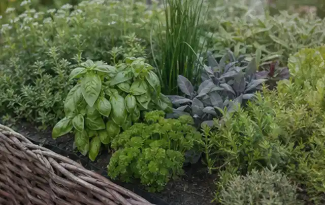 Dichtes Hochbeet mit Basilikum Schnittlauch Petersilie Salbei und weiteren Küchenkräutern; Thema Zucchini, Schwerpunkt Balkongarten; Umsetzung.