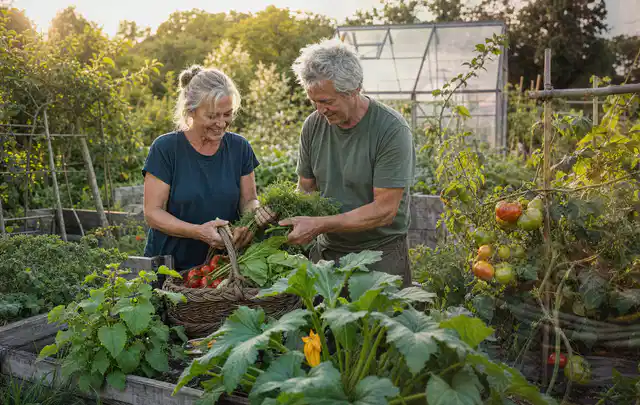 Zwei Personen ernten gemeinsam Gemüse in einem sonnigen Nutzgarten; Thema Zucchini, Schwerpunkt Bewässerung; Umsetzung.