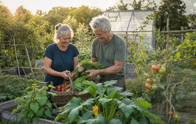 Zwei Personen ernten gemeinsam Gemüse in einem sonnigen Nutzgarten; Thema Zucchini, Schwerpunkt Boden; Ausgangslage.
