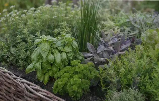 Dichtes Hochbeet mit Basilikum Schnittlauch Petersilie Salbei und weiteren Küchenkräutern; Thema Zucchini, Schwerpunkt Boden; Praxisalltag.