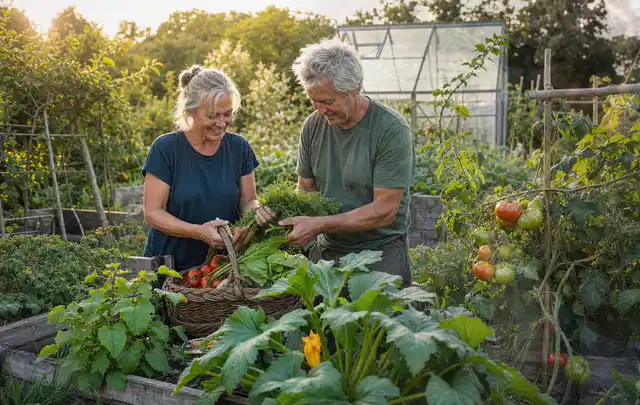 Zwei Personen ernten gemeinsam Gemüse in einem sonnigen Nutzgarten; Thema Zucchini, Schwerpunkt Ernte; Ergebnis.