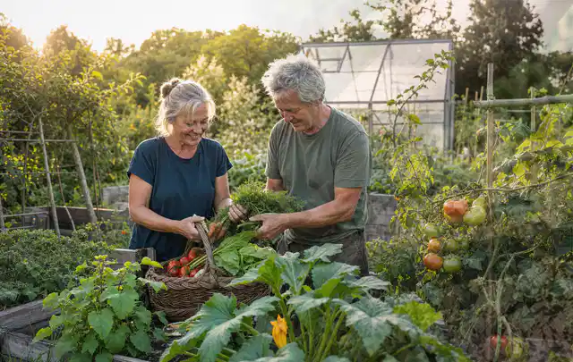 Zwei Personen ernten gemeinsam Gemüse in einem sonnigen Nutzgarten; Thema Zucchini, Schwerpunkt Fehlerhilfe; Kontrolle.