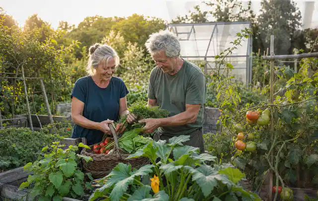 Zwei Personen ernten gemeinsam Gemüse in einem sonnigen Nutzgarten; Thema Zucchini, Schwerpunkt Gesundheit; Ergebnis.