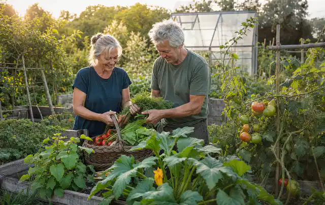 Zwei Personen ernten gemeinsam Gemüse in einem sonnigen Nutzgarten; Thema Zucchini, Schwerpunkt Gewächshaus; Kontrolle.