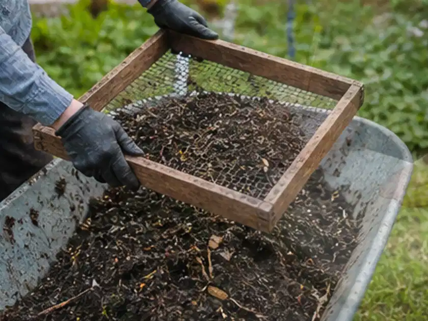 Behandschuhte Hände sieben reifen Kompost über einer Gartenschubkarre; Thema Zucchini, Schwerpunkt Hochbeet; Titelbild.