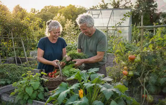 Zwei Personen ernten gemeinsam Gemüse in einem sonnigen Nutzgarten; Thema Zucchini, Schwerpunkt Hochbeet; Umsetzung.