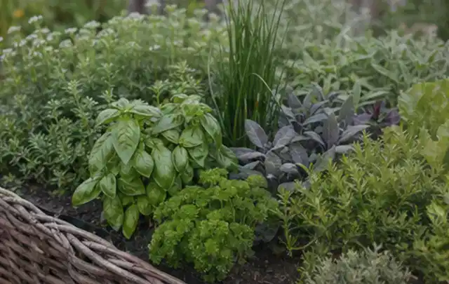 Dichtes Hochbeet mit Basilikum Schnittlauch Petersilie Salbei und weiteren Küchenkräutern; Thema Zucchini, Schwerpunkt Hochbeet; Ergebnis.