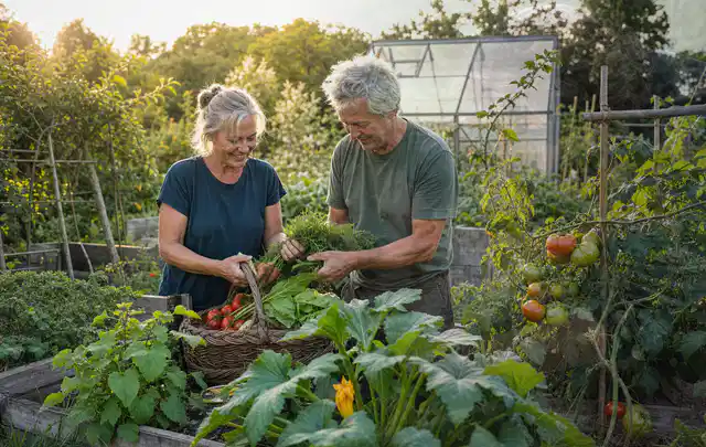 Zwei Personen ernten gemeinsam Gemüse in einem sonnigen Nutzgarten; Thema Zucchini, Schwerpunkt Pflanzenschutz; Ergebnis.