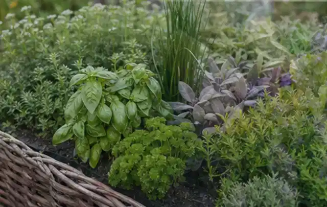 Dichtes Hochbeet mit Basilikum Schnittlauch Petersilie Salbei und weiteren Küchenkräutern; Thema Zucchini, Schwerpunkt Pflanzung; Ausgangslage.