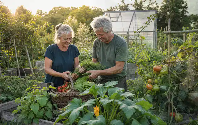 Zwei Personen ernten gemeinsam Gemüse in einem sonnigen Nutzgarten; Thema Zucchini, Schwerpunkt Saisonkalender; Kontrolle.