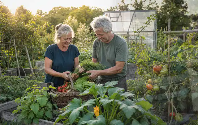 Zwei Personen ernten gemeinsam Gemüse in einem sonnigen Nutzgarten; Thema Zucchini, Schwerpunkt Schnitt; Ausgangslage.