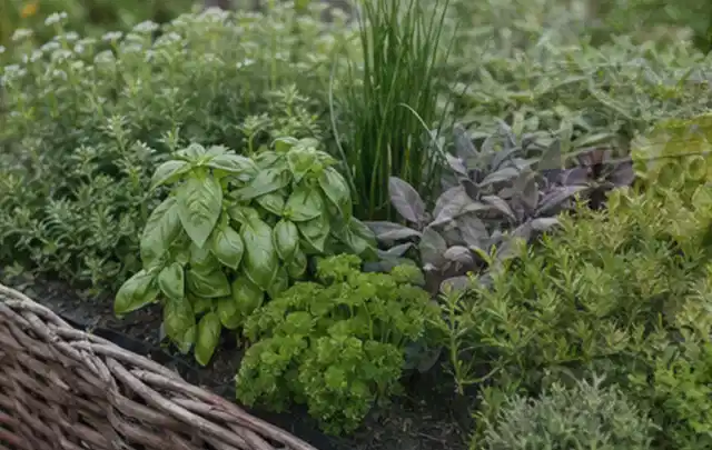 Dichtes Hochbeet mit Basilikum Schnittlauch Petersilie Salbei und weiteren Küchenkräutern; Thema Zucchini, Schwerpunkt Sortenwahl; Ausgangslage.