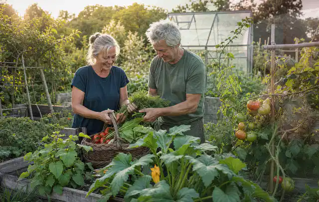 Zwei Personen ernten gemeinsam Gemüse in einem sonnigen Nutzgarten; Thema Zwiebeln, Schwerpunkt Bewässerung; Umsetzung.