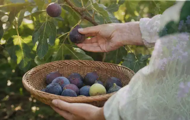 Hand pflückt eine reife Feige über einem flachen Korb mit Früchten; Thema Zwiebeln, Schwerpunkt Einsteigerwissen; Praxisalltag.