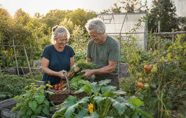 Zwei Personen ernten gemeinsam Gemüse in einem sonnigen Nutzgarten; Thema Zwiebeln, Schwerpunkt Gesundheit; Ausgangslage.