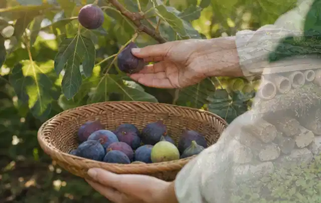 Hand pflückt eine reife Feige über einem flachen Korb mit Früchten; Thema Zwiebeln, Schwerpunkt Nährstoffe; Kontrolle.