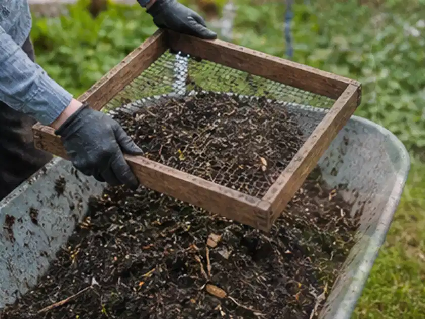 Behandschuhte Hände sieben reifen Kompost über einer Gartenschubkarre; Thema Zwiebeln, Schwerpunkt Saisonkalender; Titelbild.