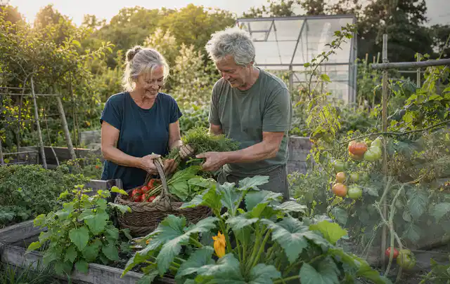 Zwei Personen ernten gemeinsam Gemüse in einem sonnigen Nutzgarten; Thema Zwiebeln, Schwerpunkt Sortenwahl; Ergebnis.