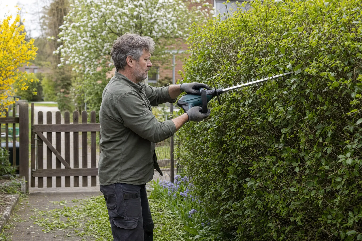 Person schneidet eine Gartenhecke mit einem motorisierten Gartengerät