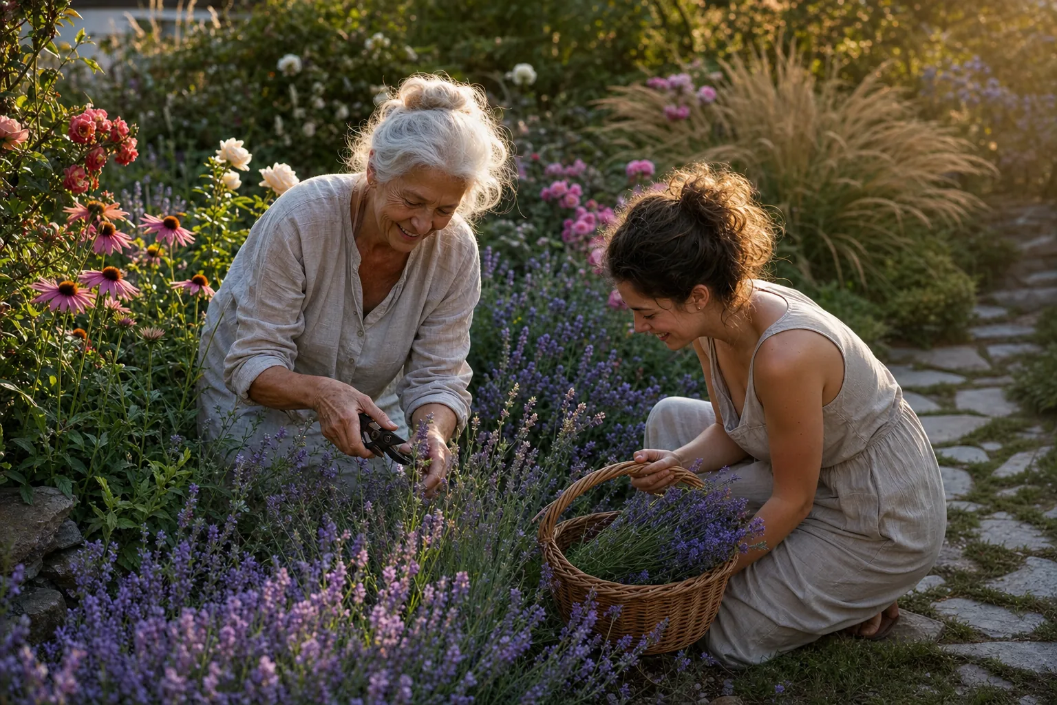 Zwei Generationen schneiden gemeinsam Lavendel in einem blühenden Garten bei warmem Abendlicht