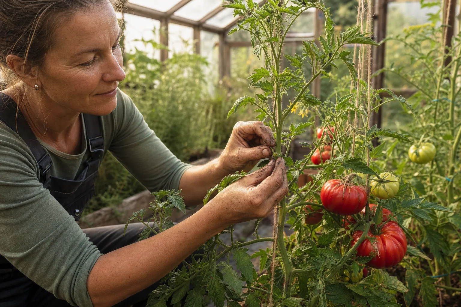 Gärtnerin entfernt behutsam Seitentriebe an reifen Tomaten in einem sonnigen Gewächshaus